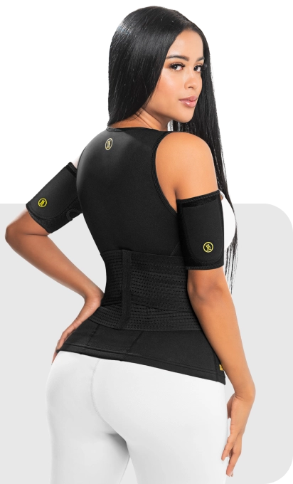 Woman wearing Hot Shapers showing visible sweat results, tighter-looking waist, and improved body appearance