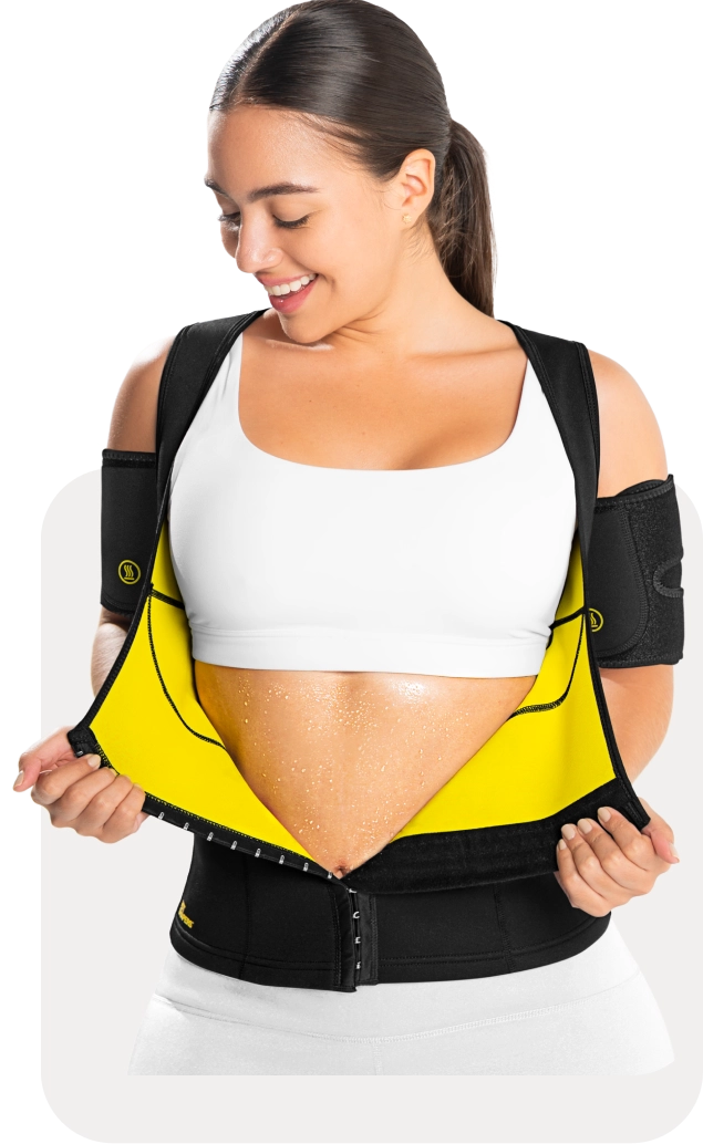 Woman wearing Hot Shapers sweat waist trainer to promote sweating and heat retention around the waist