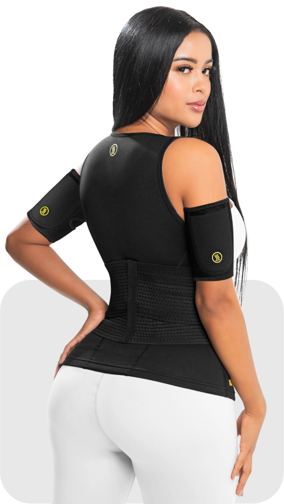 Woman wearing Hot Shapers showing visible sweat results, tighter-looking waist, and improved body appearance