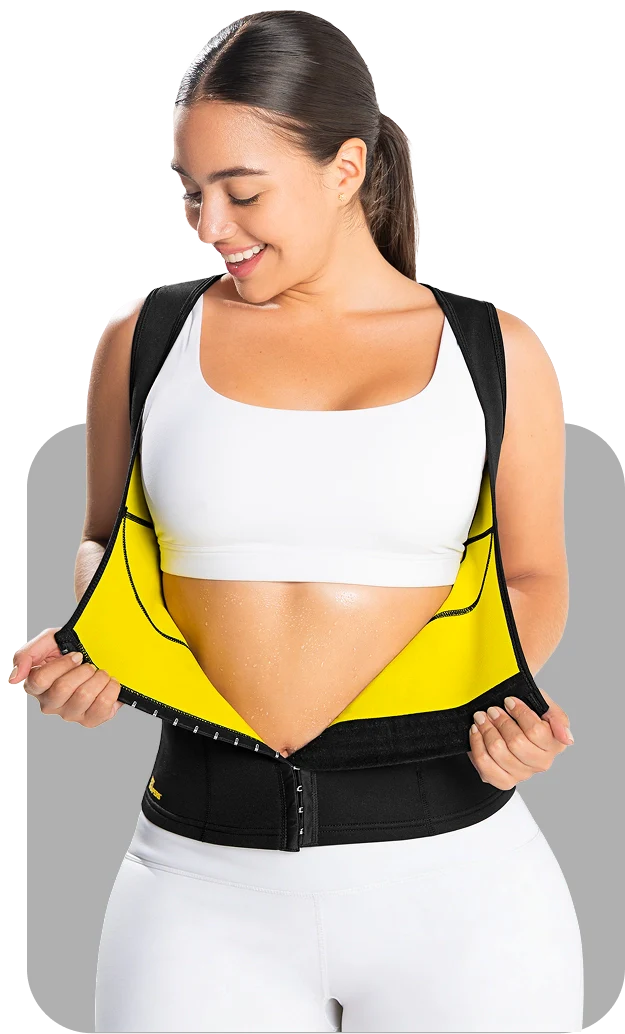 Woman wearing Hot Shapers sweat waist trainer to promote sweating and heat retention around the waist